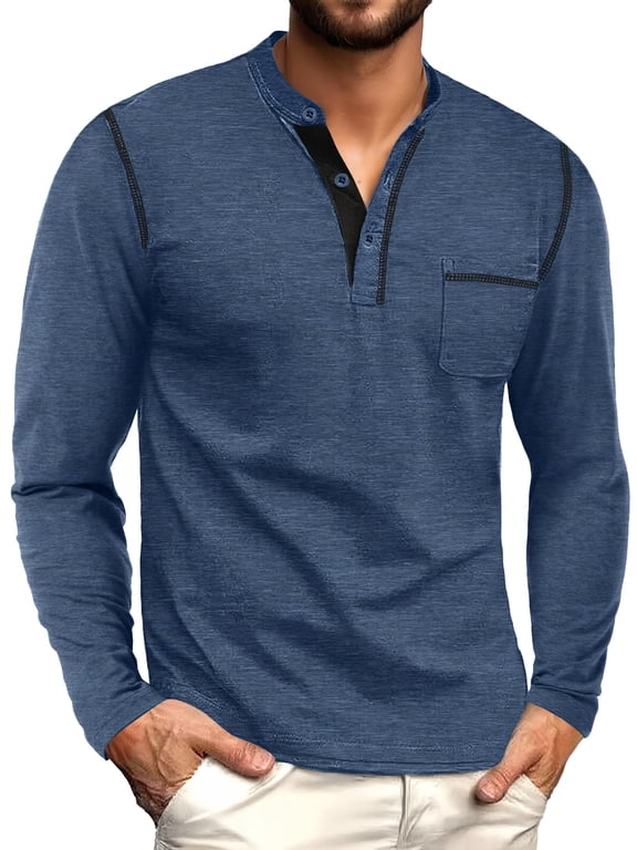 Men's Henley Shirts Long Sleeve Button T-Shirt Casual Stylish Cotton Pullover Shirt with Pocket Blue L