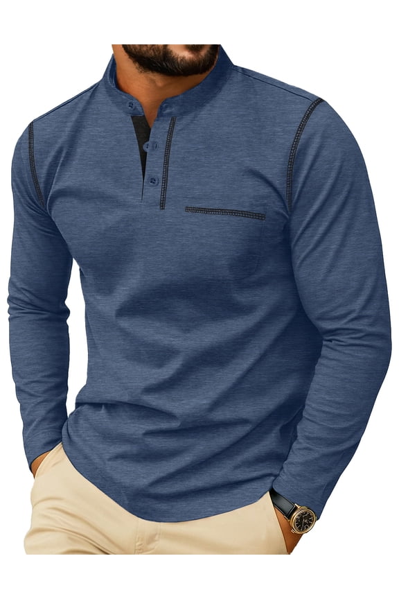 Men's Henley Shirts Long Sleeve Button T-Shirt Casual Stylish Cotton Pullover Shirt with Pocket Blue L