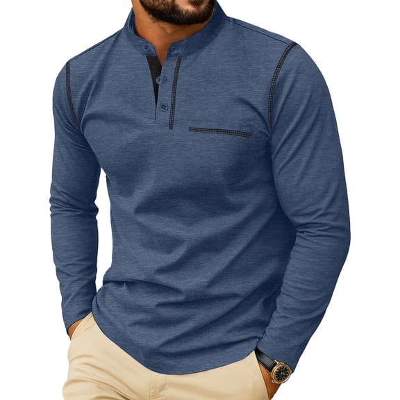GIRUNS Men's Henley Shirts Long Sleeve Button T-Shirt Casual Stylish Cotton Pullover Shirt with Pocket Blue L