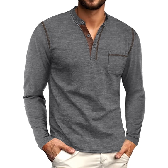GIRUNS Men's Henley Shirts Long Sleeve Button T-Shirt Casual Stylish Cotton Pullover Shirt with Pocket Dark Gray L
