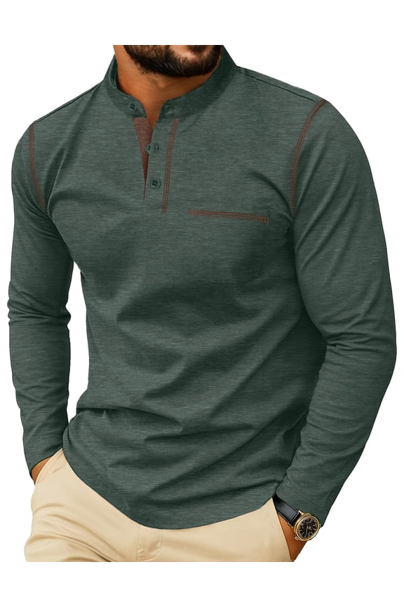 Men's Henley Shirts Long Sleeve Button T-Shirt Casual Stylish Cotton Pullover Shirt with Pocket Green L