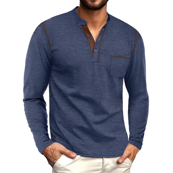 GIRUNS Men's Henley Shirts Long Sleeve Button T-Shirt Casual Stylish Cotton Pullover Shirt with Pocket Navy Blue 2XL