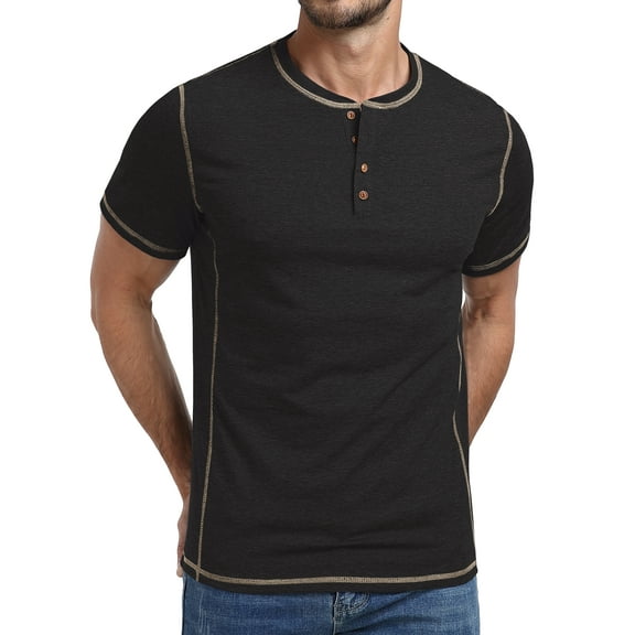 GIRUNS Men's Henley Short Sleeve Shirt Cotton Button T-Shirt Lightweight Summer Casual Tee Black L