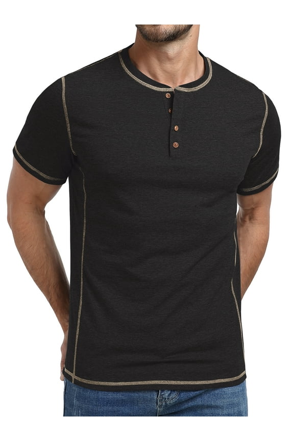 Men's Henley Short Sleeve Shirt Cotton Button T-Shirt Lightweight Summer Casual Tee Black XL