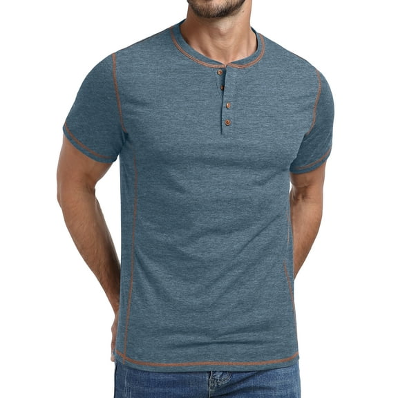 GIRUNS Men's Henley Short Sleeve Shirt Cotton Button T-Shirt Lightweight Summer Casual Tee Blue L