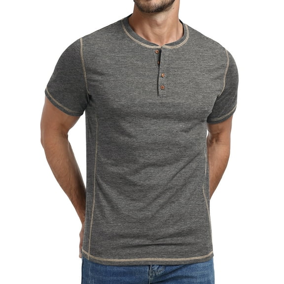 GIRUNS Men's Henley Short Sleeve Shirt Cotton Button T-Shirt Lightweight Summer Casual Tee Dark Gray L