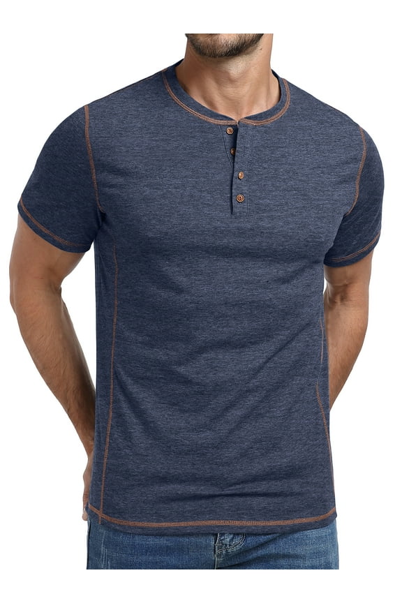 Men's Henley Short Sleeve Shirt Cotton Button T-Shirt Lightweight Summer Casual Tee Navy Blue L
