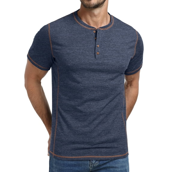 GIRUNS Men's Henley Short Sleeve T-Shirt Classic Button Tee Casual Cotton Maverick Shirts Navy Blue S