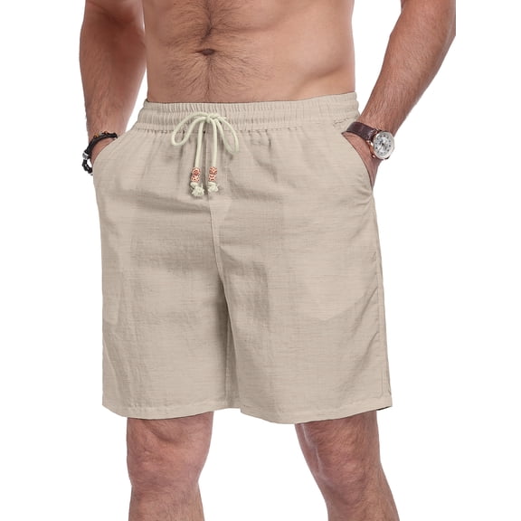 GIRUNS Men's Linen Shorts Casual Summer Beach Drawstring Elastic Waist Shorts with Pocket Flaxen L