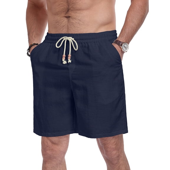GIRUNS Men's Linen Shorts Casual Summer Beach Drawstring Elastic Waist Shorts with Pocket Navy Blue L