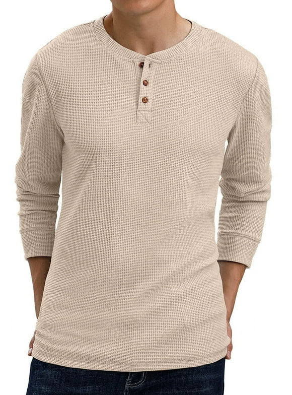 Men's Long Sleeve Waffle Henley Casual Henley T-shirts for Men