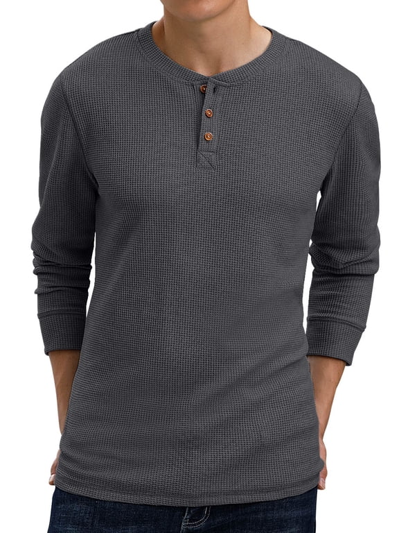 Men's Long Sleeve Waffle Henley Casual Henley T-shirts for Men