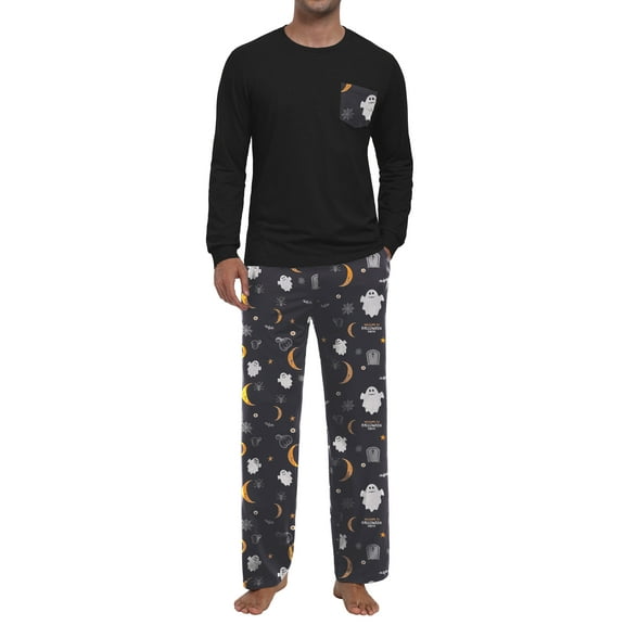 GIRUNS Men's Halloween Pajama Set Comfy Sleepwear 2 Piece Pjs Long Sleeve Crewneck Shirts and Bottoms Soft Sleep Sets Black Moon Ghost 2XL