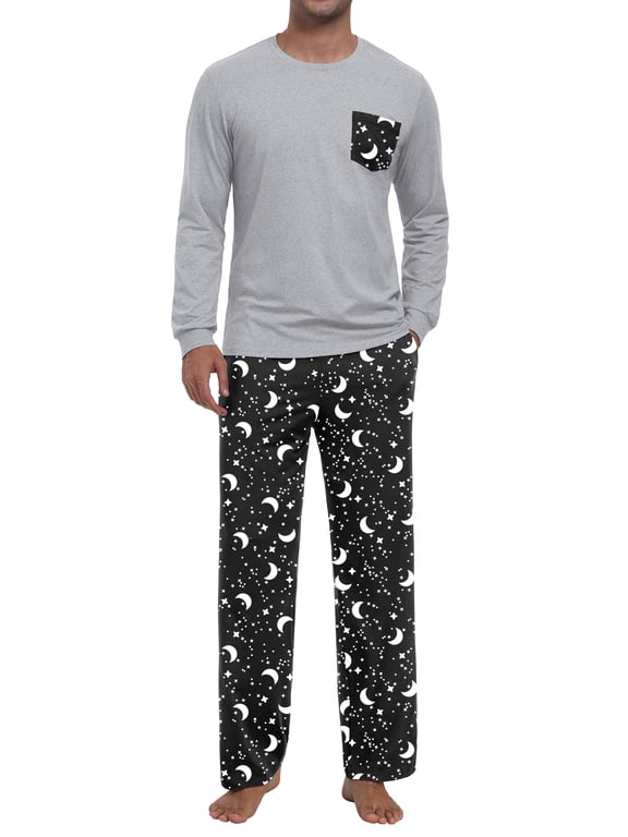Men's Pajama Set Comfy Sleepwear 2 Piece Pjs Long Sleeve Crewneck Shirts and Bottoms Soft Sleep Sets Black Star Moon L