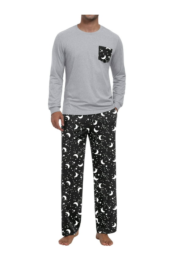 Men's Pajama Set Comfy Sleepwear 2 Piece Pjs Long Sleeve Crewneck Shirts and Bottoms Soft Sleep Sets Black Star Moon S