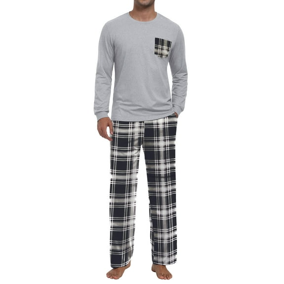 GIRUNS Men's Pajama Set Comfy Sleepwear 2 Piece Pjs Long Sleeve Crewneck Shirts and Bottoms Soft Sleep Sets Black White Plaid L
