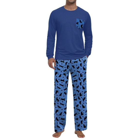 GIRUNS Men's Pajama Set Comfy Sleepwear 2 Piece Pjs Long Sleeve Crewneck Shirts and Bottoms Soft Sleep Sets Blue Cat 2XL