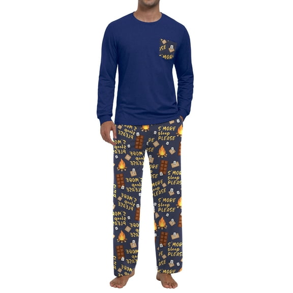 GIRUNS Men's Pajama Set Comfy Sleepwear 2 Piece Pjs Long Sleeve Crewneck Shirts and Bottoms Soft Sleep Sets Navy Blue Chocolate 2XL
