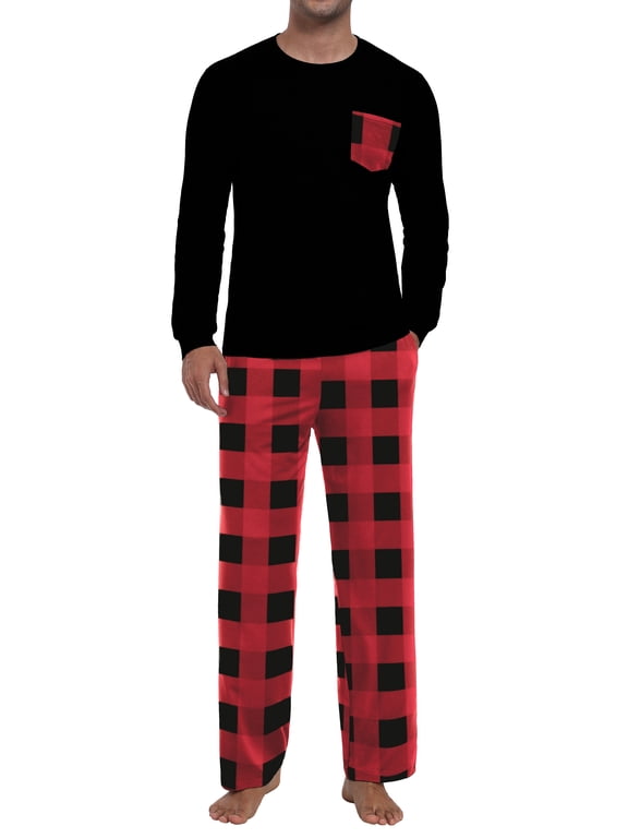 Men's Pajama Set Comfy Sleepwear 2 Piece Pjs Long Sleeve Crewneck Shirts and Bottoms Soft Sleep Sets Red Grid L