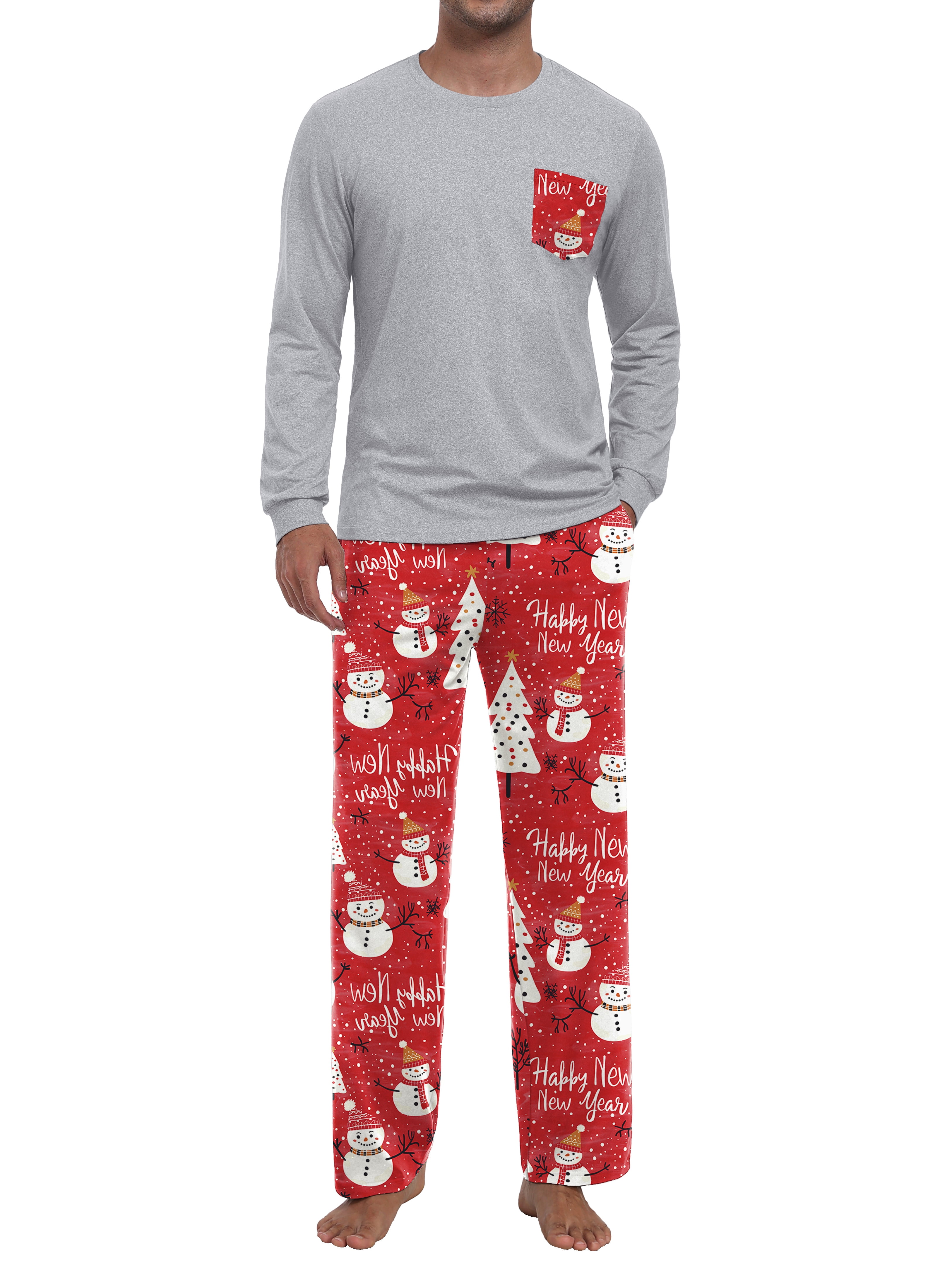 Men's Christmas Pajama Set Comfy Sleepwear 2 Piece Pjs Long Sleeve Crewneck Shirts and Bottoms Soft Sleep Sets Red Snowman L