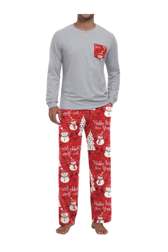 Men's Christmas Pajama Set Comfy Sleepwear 2 Piece Pjs Long Sleeve Crewneck Shirts and Bottoms Soft Sleep Sets Red Snowman L