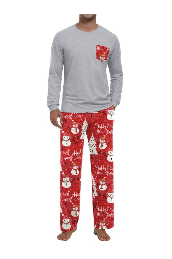 Men's Christmas Pajama Set Comfy Sleepwear 2 Piece Pjs Long Sleeve Crewneck Shirts and Bottoms Soft Sleep Sets Red Snowman L