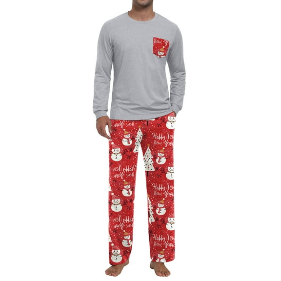 GIRUNS Men's Christmas Pajama Set Comfy Sleepwear 2 Piece Pjs Long Sleeve Crewneck Shirts and Bottoms Soft Sleep Sets Red Snowman L