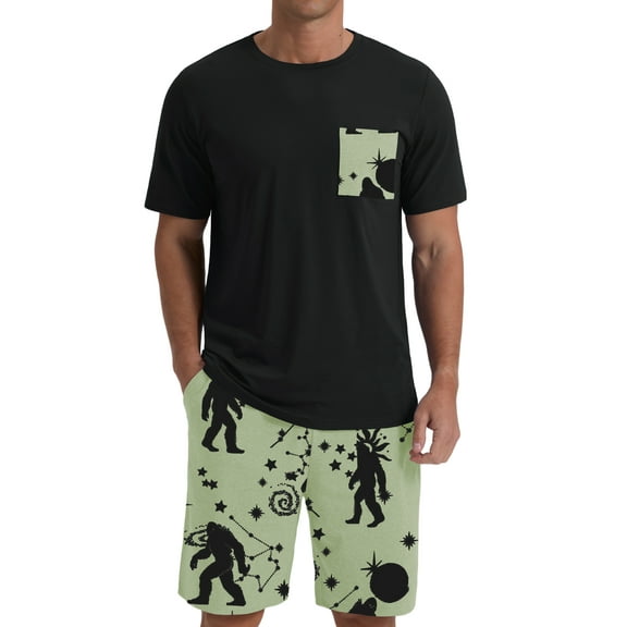 GIRUNS Men's Pajama Set Lightweight Sleepwear Sets Crew Neck Short Sleeve and Shorts Loungewear with Pocket Apricot Ape Man S