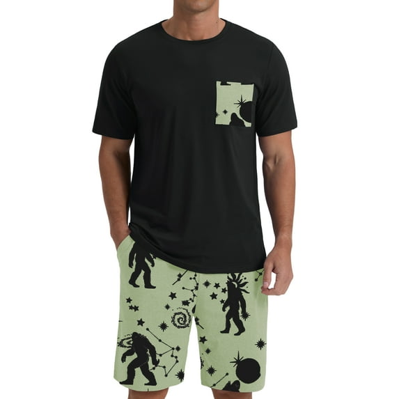 GIRUNS Men's Pajama Set Lightweight Sleepwear Sets Crew Neck Short Sleeve and Shorts Loungewear with Pocket Apricot Ape Man S