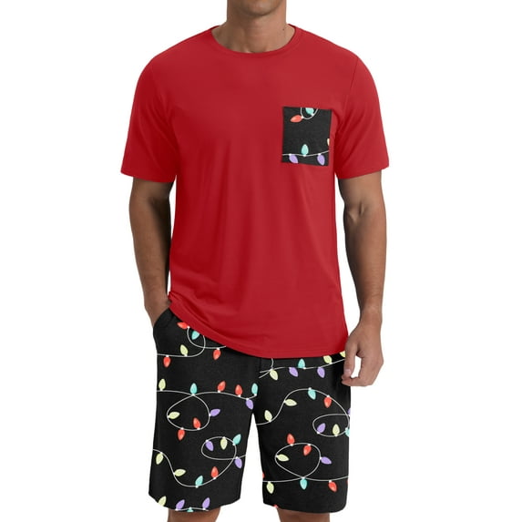 GIRUNS Men's Pajama Set Lightweight Sleepwear Sets Crew Neck Short Sleeve and Shorts Loungewear with Pocket Black Lantern S