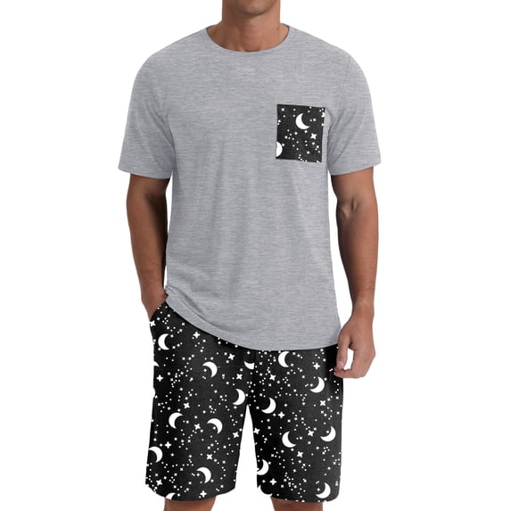 GIRUNS Men's Pajama Set Lightweight Sleepwear Sets Crew Neck Short Sleeve and Shorts Loungewear with Pocket Black Star Moon 2XL