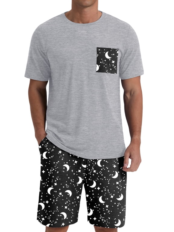 Men's Pajama Set Lightweight Sleepwear Sets Crew Neck Short Sleeve and Shorts Loungewear with Pocket Black Star Moon L