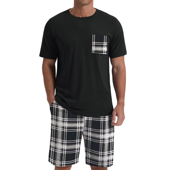 GIRUNS Men's Pajama Set Lightweight Sleepwear Sets Crew Neck Short Sleeve and Shorts Loungewear with Pocket Black White Plaid 2XL