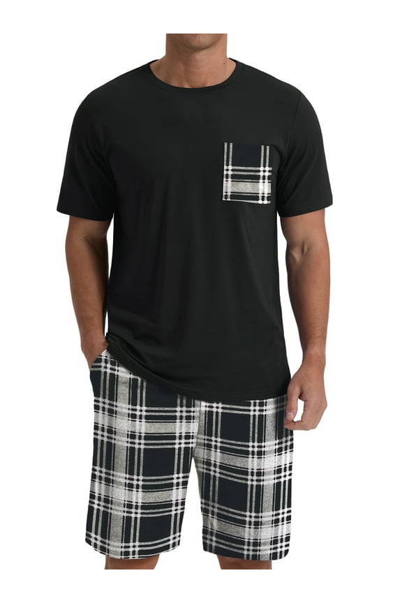 Men's Pajama Set Lightweight Sleepwear Sets Crew Neck Short Sleeve and Shorts Loungewear with Pocket Black White Plaid L