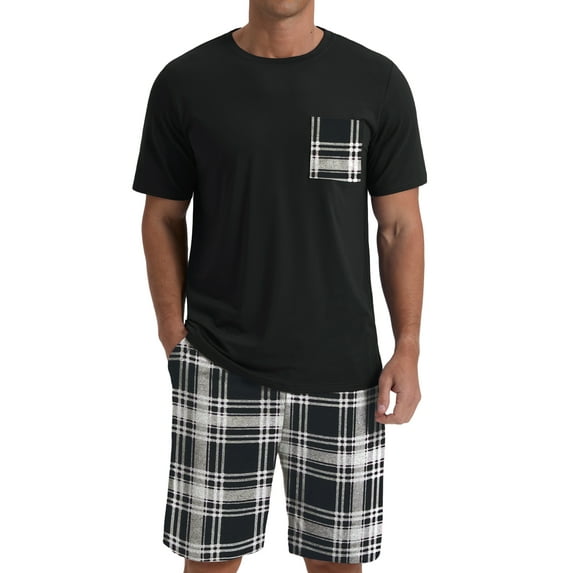GIRUNS Men's Pajama Set Lightweight Sleepwear Sets Crew Neck Short Sleeve and Shorts Loungewear with Pocket Black White Plaid M