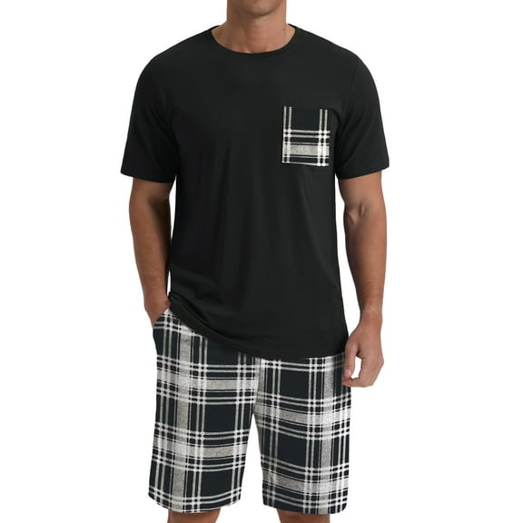 GIRUNS Men's Pajama Set Lightweight Sleepwear Sets Crew Neck Short Sleeve and Shorts Loungewear with Pocket Black White Plaid XL