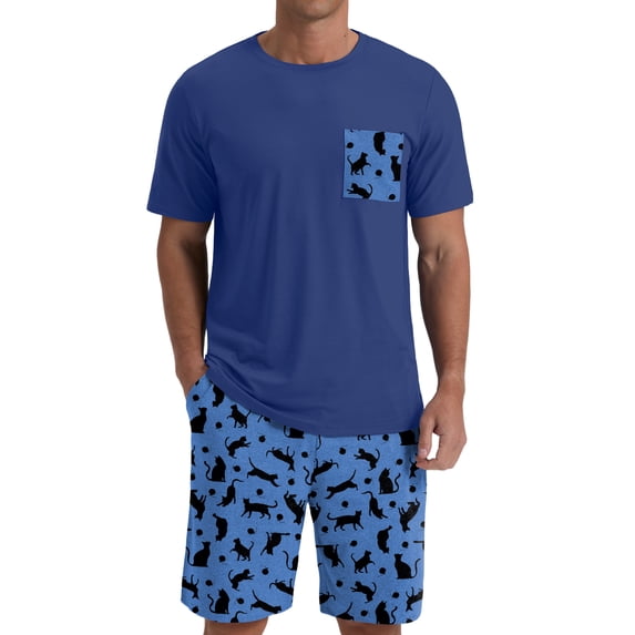 GIRUNS Men's Pajama Set Lightweight Sleepwear Sets Crew Neck Short Sleeve and Shorts Loungewear with Pocket Blue Cat 2XL