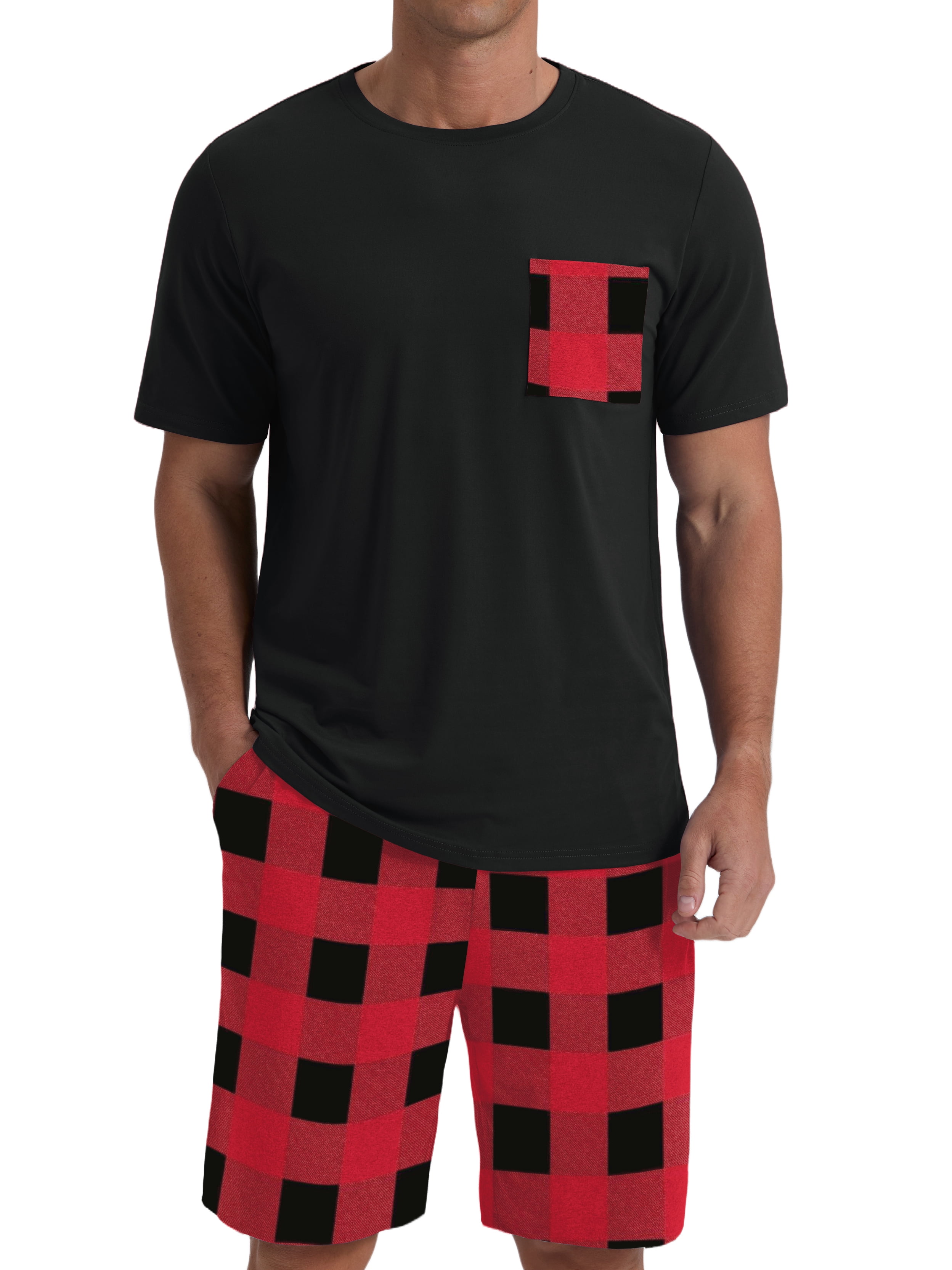 Men's Pajama Set Lightweight Sleepwear Sets Crew Neck Short Sleeve and Shorts Loungewear with Pocket Red Plaid L