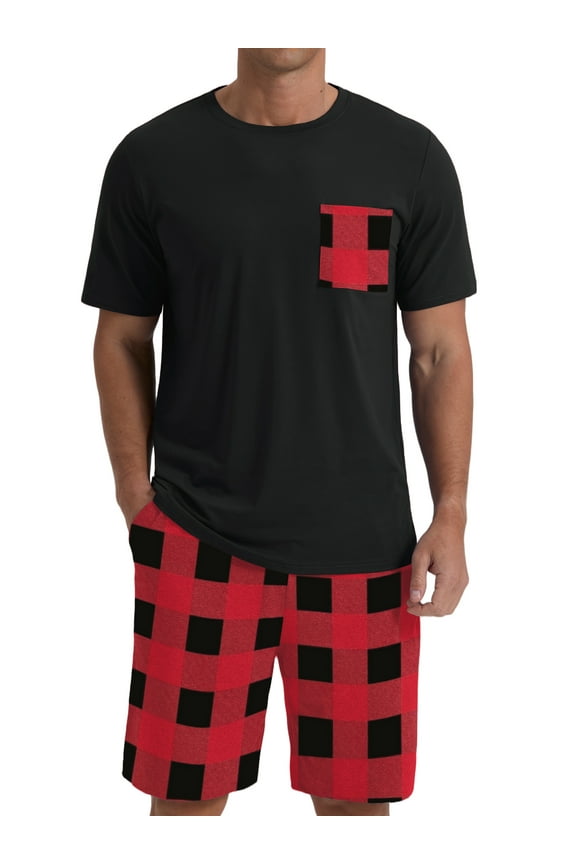 Men's Pajama Set Lightweight Sleepwear Sets Crew Neck Short Sleeve and Shorts Loungewear with Pocket Red Plaid XL