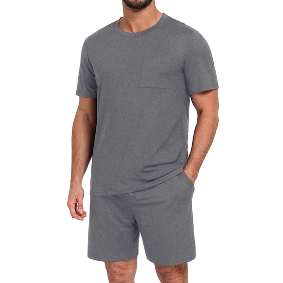 GIRUNS Men's Pajama Set Lightweight Sleepwear Short Sleeve and Shorts with Pockets Dark Gray 3XL
