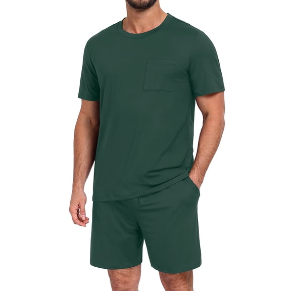GIRUNS Men's Pajama Set Lightweight Sleepwear Short Sleeve and Shorts with Pockets Green XL