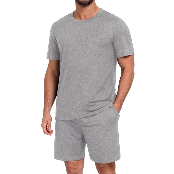 GIRUNS Men's Pajama Set Lightweight Sleepwear Short Sleeve and Shorts with Pockets Light Gray L