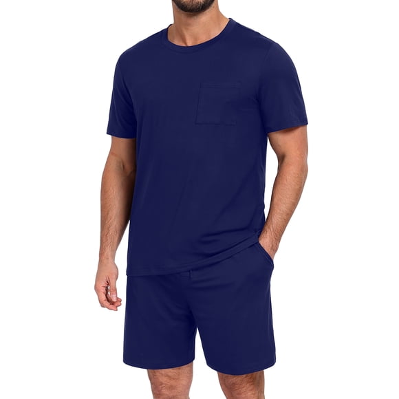 GIRUNS Men's Pajama Set Lightweight Sleepwear Short Sleeve and Shorts with Pockets Navy Blue L