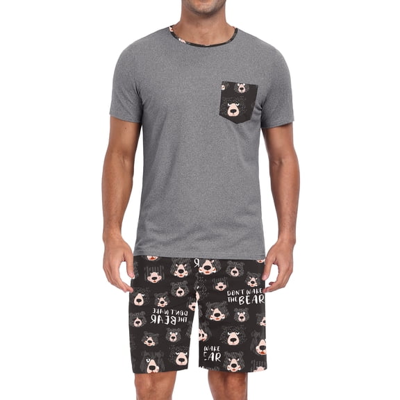 GIRUNS Men's Pajama Sets 2 piece Sets Crew Neck Shorts Sleeve and Shorts with Pocket Pjs Sleepwear Set Black Bear L