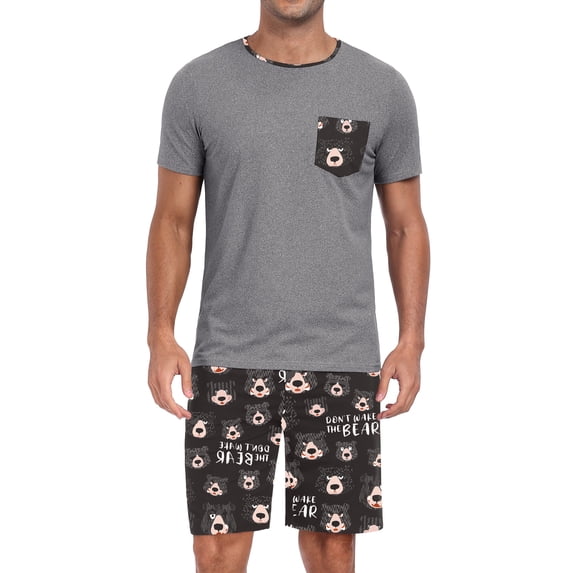 GIRUNS Men's Pajama Sets 2 piece Sets Crew Neck Shorts Sleeve and Shorts with Pocket Pjs Sleepwear Set Black Bear S