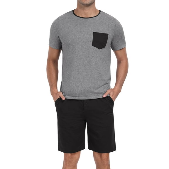 GIRUNS Men's Pajama Sets 2 piece Sets Crew Neck Shorts Sleeve and Shorts with Pocket Pjs Sleepwear Set Black L