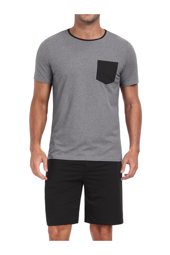 Men's Pajama Sets 2 piece Sets Crew Neck Shorts Sleeve and Shorts with Pocket Pjs Sleepwear Set Black L