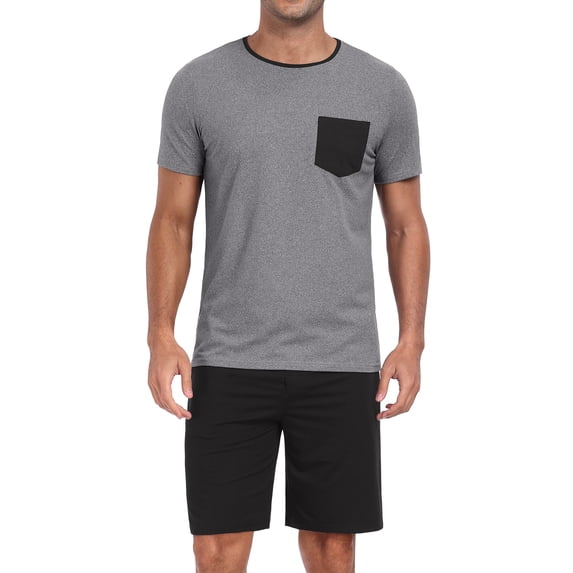 GIRUNS Men's Pajama Sets 2 piece Sets Crew Neck Shorts Sleeve and Shorts with Pocket Pjs Sleepwear Set Black XL