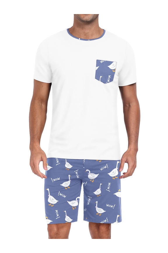 Men's Pajama Sets 2 piece Sets Crew Neck Shorts Sleeve and Shorts with Pocket Pjs Sleepwear Set Blue Duck M