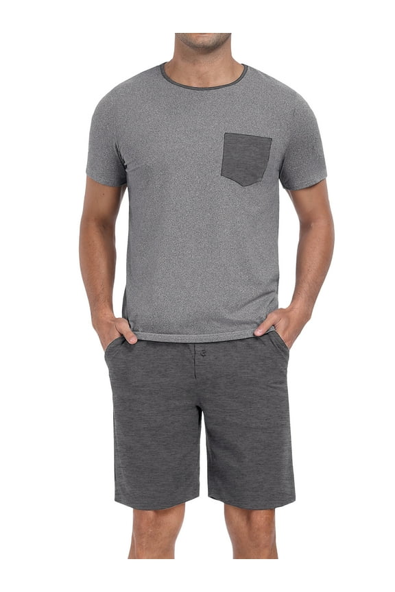 Men's Pajama Sets 2 piece Sets Crew Neck Shorts Sleeve and Shorts with Pocket Pjs Sleepwear Set Dark Grey L